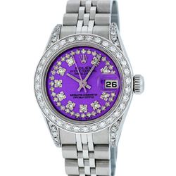 Rolex Ladies Stainless Steel Quickset Purple String Diamond Lugs Datejust Wristw