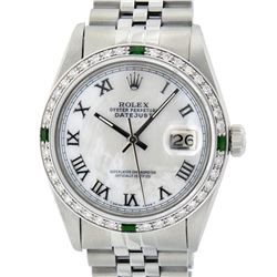 Rolex Mens Stainless Steel Silver MOP Roman 36MM Diamond & Emerald Datejust Wris