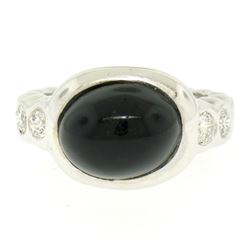 18K White Gold Oval Bezel Set Black Onyx Burnish Set Diamond Bubble Ring