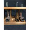 Image 2 : Vintage Wooden Pipe Stand with Smoke Glass Tobacco Jar Humidor +3 Pipes