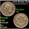 Image 1 : 1839 Booby Head Coronet Head Large Cent 1c Grades f+
