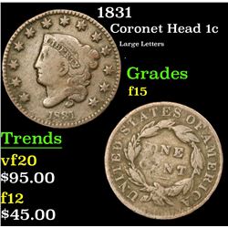 1831 Coronet Head Large Cent 1c Grades f+