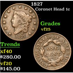 1827 Coronet Head Large Cent 1c Grades vf+