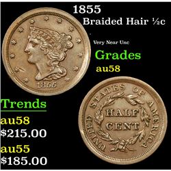 1855 Braided Hair Half Cent 1/2c Grades Choice AU/BU Slider