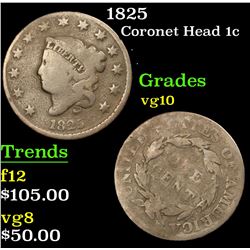 1825 Coronet Head Large Cent 1c Grades vg+