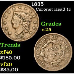 1835 Coronet Head Large Cent 1c Grades vf+