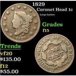 1829 Coronet Head Large Cent 1c Grades f+
