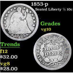 1853-p Seated Liberty Half Dime 1/2 10c Grades vg+