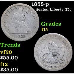 1858-p Seated Liberty Quarter 25c Grades f+