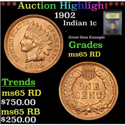 ***Auction Highlight*** 1902 Indian Cent 1c Graded GEM Unc RD By USCG (fc)