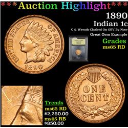 ***Auction Highlight*** 1890 Indian Cent 1c Graded GEM Unc RD By USCG (fc)