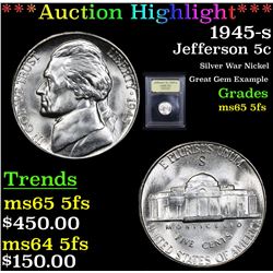 ***Auction Highlight*** 1945-s Jefferson Nickel 5c Graded GEM 5fs By USCG (fc)