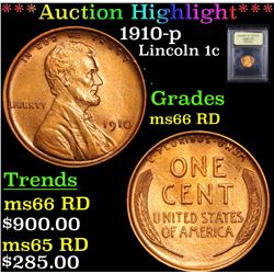 ***Auction Highlight*** 1910-p Lincoln Cent 1c Graded GEM+ Unc RD By USCG (fc)