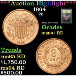 ***Auction Highlight*** 1864 Two Cent Piece 2c Graded Choice+ Unc RD By USCG (fc)