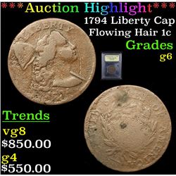 ***Auction Highlight*** 1794 Liberty Cap Flowing Hair large cent 1c Graded g+ By USCG (fc)