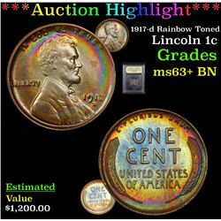 ***Auction Highlight*** 1917-d Rainbow Toned Lincoln Cent 1c Graded Select+ Unc BN By USCG (fc)