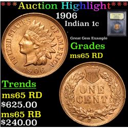 ***Auction Highlight*** 1906 Indian Cent 1c Graded Gem++ Unc rd By USCG (fc)