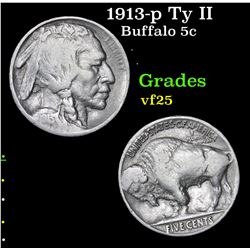 1913-p Ty II Buffalo Nickel 5c Grades vf+