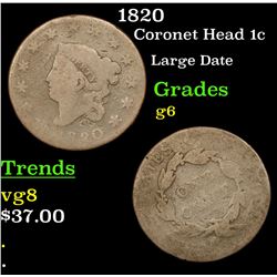 1820 Coronet Head Large Cent 1c Grades g+
