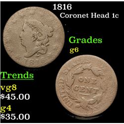 1816 Coronet Head Large Cent 1c Grades g+