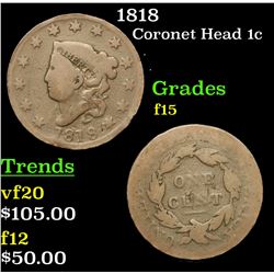 1818 Coronet Head Large Cent 1c Grades f+