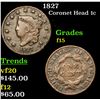 Image 1 : 1827 Coronet Head Large Cent 1c Grades f+