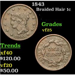 1843 Braided Hair Large Cent 1c Grades vf+