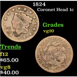 1824 Coronet Head Large Cent 1c Grades vg+