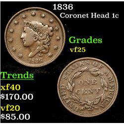 1836 Coronet Head Large Cent 1c Grades vf+