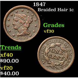 1847 Braided Hair Large Cent 1c Grades vf++