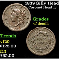 1839 Silly Head Coronet Head Large Cent 1c Grades vf details