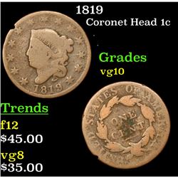 1819 Coronet Head Large Cent 1c Grades vg