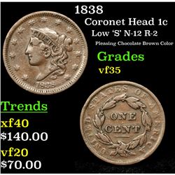 1838 Coronet Head Large Cent 1c Grades vf