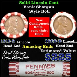 Mixed small cents 1c orig shotgun roll, 1918-d Wheat Cent, 1929-d Wheat Cent other end