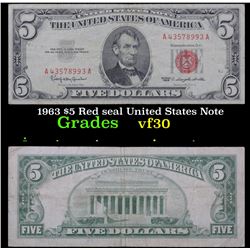 1963 $5 Red seal United States Note Grades vf++