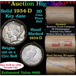 ***Auction Highlight*** Full solid date 1934-d Peace silver dollar roll, 20 coins   (fc)