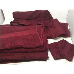 Lot of Cranberry Colored Bath Sheets, Hand Towels, Face Cloths and Shower Mat