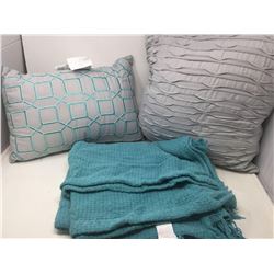 Grey and Teal Decorative Pillows and Knit Blanket