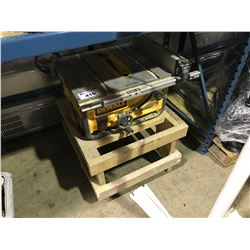 DEWALT DWE7480 10  PORTABLE TABLE SAW ON WOODEN STAND