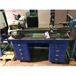 BLUE WOOD & METAL TABLE WITH SOUTH BEND LATHE