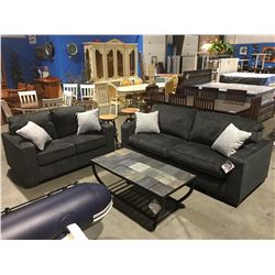 2 PCE CHARCOAL GREY UPHOLSTERED SOFA & LOVESEAT SET WITH 4 CUSHIONS