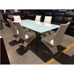 CONTEMPORARY WHITE & CHROME DINING TABLE SET - TABLE WITH POP-UP LEAF & 6 CHAIRS