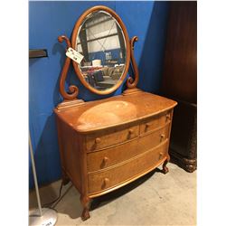 ANTIQUE BIRDSEYE MAPLE 4 DRAWER DRESSER WITH MIRROR FEATURES BALL & CLAW FEET