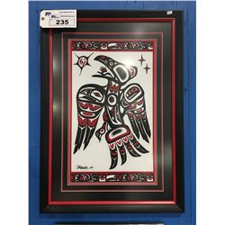 FRAMED BC FIRST NATIONS SILK SCREEN PAINTING SIGNED BOTTOM LEFT CORNER BY ARTIST - 22" X 31"