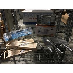 SHELF LOT OF ASSTD RESTAURANT EQUIPMENT BUTCHER KNIVES, POTATO SLICER, CUTTING BOARD & MANDOLINS