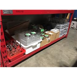 SHELF LOT OF ASSTD COMMERCIAL RESTAURANT SERVING PCS, CONTAINERS, GLASS WARE ETC