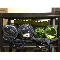 2 SLEEPING BAGS, 2 THERMA REST CUSHIONED MATS, YOGA MAT & 2 PORTABLE SEAT CUSHIONS