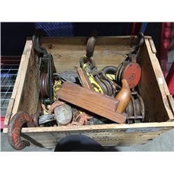 WOODEN CRATE OF PULLEYS, BLOCKS, ANTIQUE WOOD PLANER, ROPE ETC