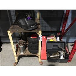 LOT OF ASSTD TOOLS, HARDWARE & MISC. GREASE GUN, 2 VINTAGE TORCHES, 4 UTILITY TIRES, WELDERS