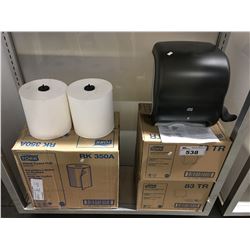 2 TORK HAND TOWEL DISPENSERS & 1 CASE OF HAND TOWELS